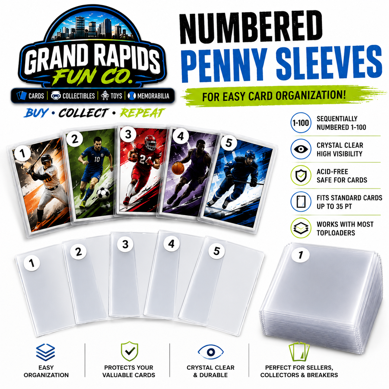 White Numbered Penny Sleeves 1-100 | Bulk Pack of 1000 for Sports & Trading Cards